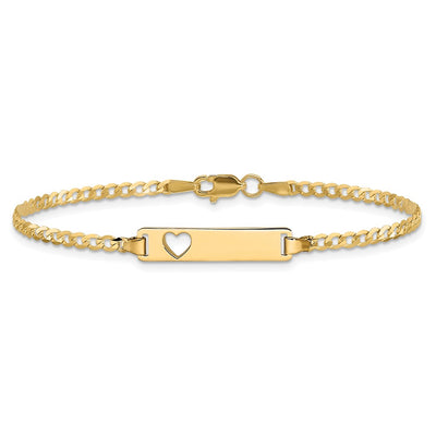 14K Polished Solid Chain/Solid Plate Curb Link Cut-out Heart Plate ID Bracelet