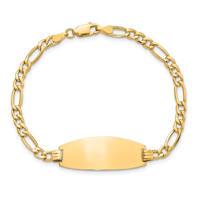 14K Polished Semi-Solid Chain/Solid Plate Figaro Link Oval 26.5x11.5mm Plate ID Bracelet