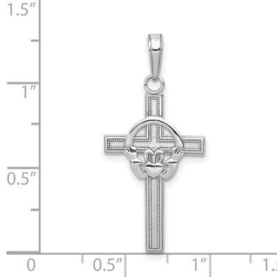 14K White Gold Polished Claddagh Cross Pendant