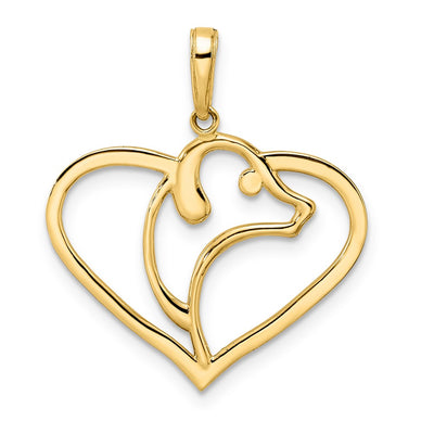 14K and White Rhodium Diamond-cut Dog Head in Heart Pendant