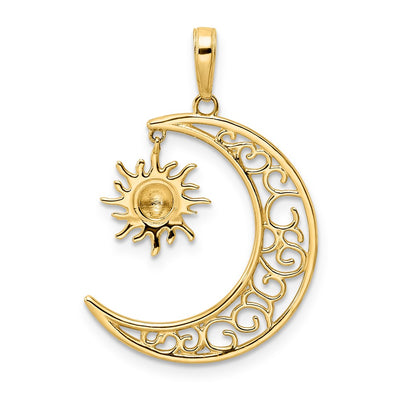 14K and White Rhodium Diamond-cut Moon and Dangle Sun Pendant