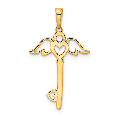 14K and White Rhodium D/C Heart/ Angel Wings Key Pendant