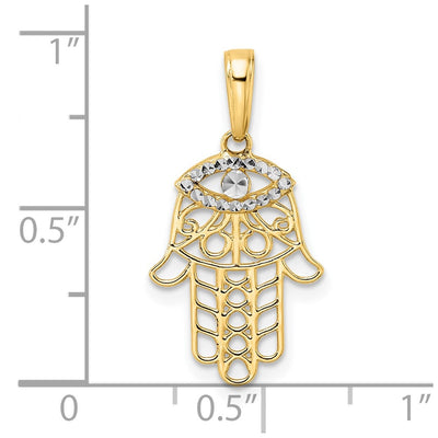 14K & White Rhodium D/C Evil Eye Hamsa Pendant, 25.18 x 13.02mm