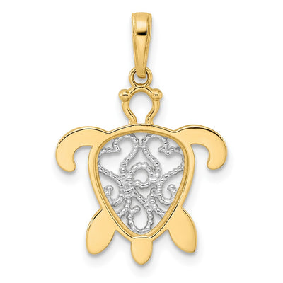 14K and White Rhodium Diamond-cut Filigree Turtle Pendant