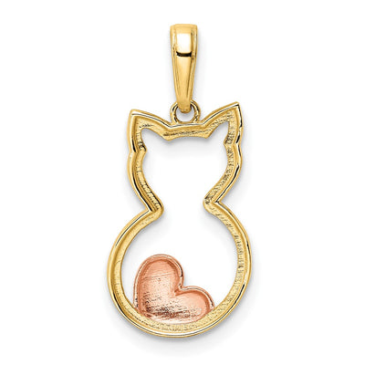 14K w/White and Rose Rhodium Diamond-cut Cat w/ Heart Pendant