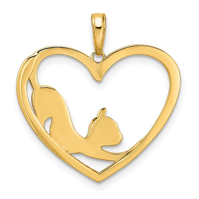 14K and White Rhodium Diamond-cut Cat Stretching in Heart Pendant