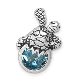 Sterling Silver Rhodium-Plated Antiqued Crystal Hatching Turtle Pendant (Style PLP-527)