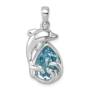 Sterling Silver Rhodium-plated Polished Crystal Dolphin Pendant (Style PLP-763)