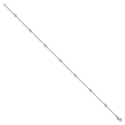 14K White Gold Complete 1/8 carat Bezel-set Diamond and Cable Chain 7-Station Anklet
