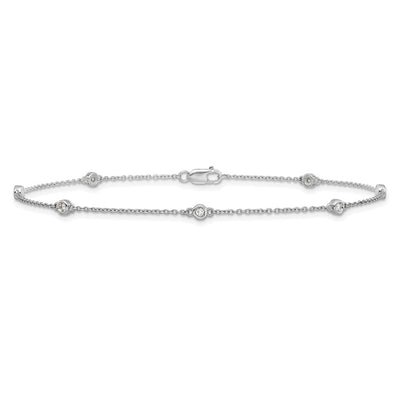 14K White Gold Complete 1/8 carat Bezel-set Diamond and Cable Chain 7-Station Anklet