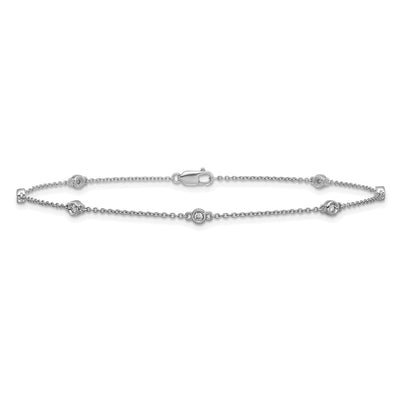 14K White Gold Complete 1/6 carat Bezel-set Diamond and Cable Chain 7-Station Anklet