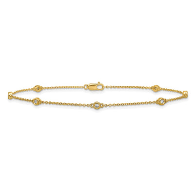 14K Complete 1/6 carat Bezel-set Diamond and Cable Chain 7-Station Anklet