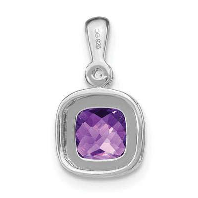 14K White Gold Cushion Amethyst and Diamond Pendant, 16.5 x 9mm