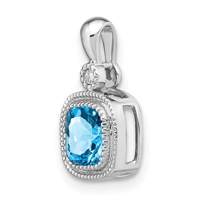 14K White Gold Cushion Blue Topaz and Diamond Pendant, 16.5 x 9mm