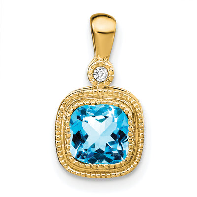 14K Cushion Blue Topaz and Diamond Pendant
