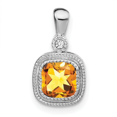 14K White Gold Cushion Citrine and Diamond Pendant, 16.5 x 9mm