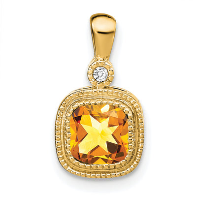 14K Cushion Citrine and Diamond Pendant, 16.5 x 9mm