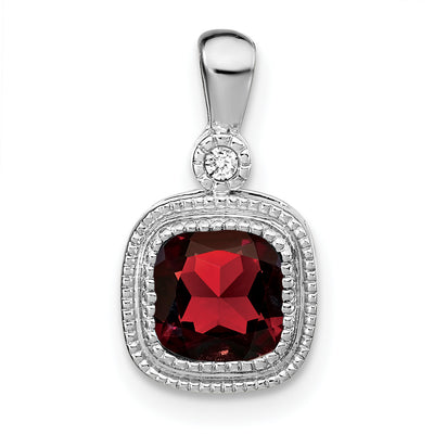 14K White Gold Cushion Garnet and Diamond Pendant, 16.5 x 9mm