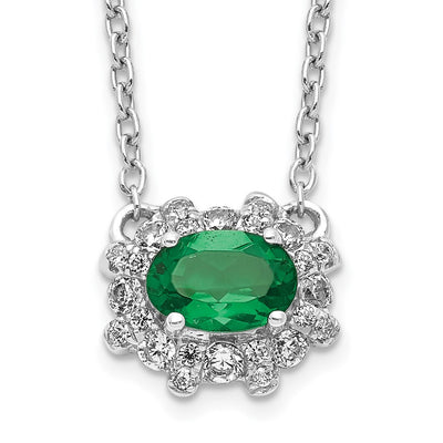 14K White Gold Diamond and Oval Emerald Fancy East-West Necklace, 18 x 11mm