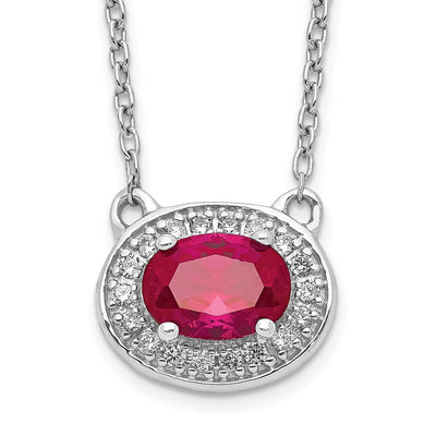 14K White Gold Diamond and Oval Ruby Halo East-West Necklace, 18 x 11mm