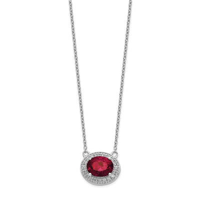14K White Gold Diamond and Oval Ruby Halo East-West Necklace, 18 x 12mm
