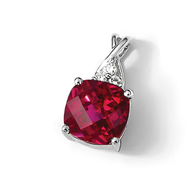 14K White Gold Checkerboard Created Ruby and Diamond Pendant