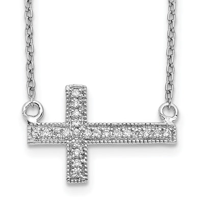 14K White Gold 1/10 carat Diamond Sideways Cross Necklace, 18 x 17mm