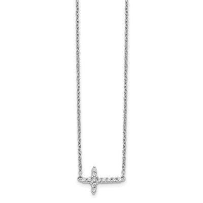 14K White Gold 1/6 carat Diamond Sideways Cross Necklace, 18 x 12mm