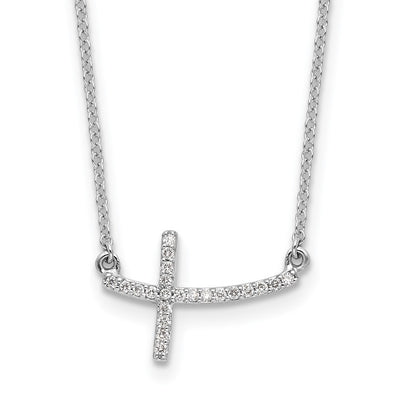 14K White Gold 1/10 carat Diamond Curved Sideways Cross Necklace
