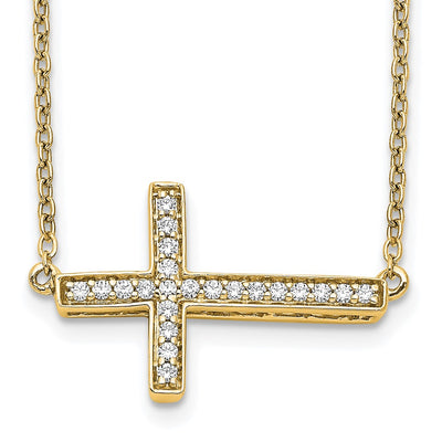 14K Polished 1/6 carat Diamond Sideways Cross Necklace, 18 x 18mm
