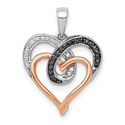 14K White and Rose Gold White and Black Diamond Hearts Pendant