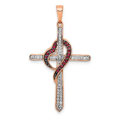 14K Rose Gold Red and White Diamond Cross w/Heart Pendant