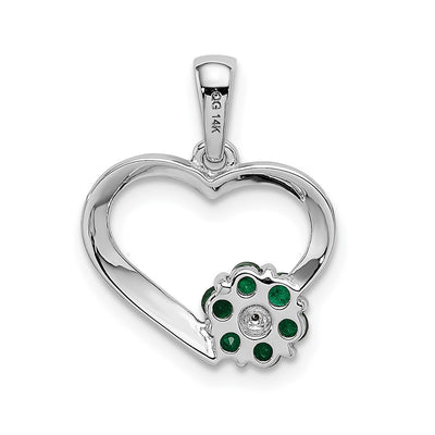 14K White Gold Diamond and Emerald Heart and Flower Pendant