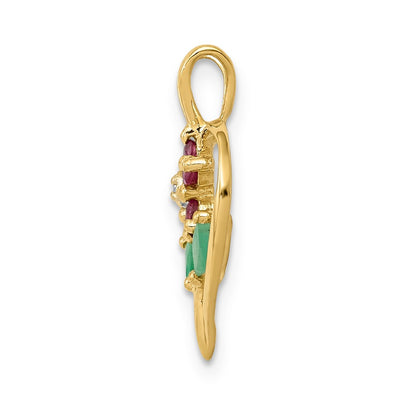 14K Siam Ruby/Emerald/Diamond Flower in Heart Pendant