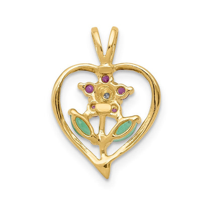 14K Siam Ruby/Emerald/Diamond Flower in Heart Pendant