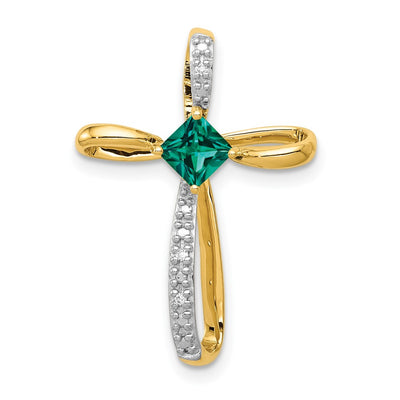 14K w/Rhodium Lab Created Emerald and Diamond Cross Slide