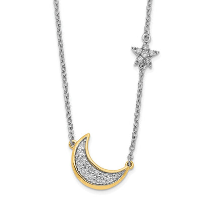 14K Two-tone 1/6 carat Diamond Crescent Moon with Star Necklace