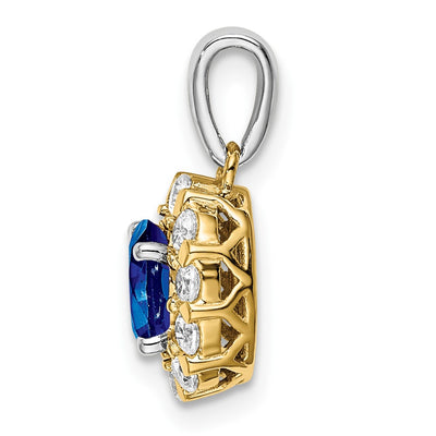 14K Two-tone Oval Sapphire and Diamond Halo Pendant