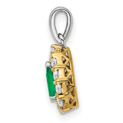 14K Two-tone Pear Emerald and Diamond Halo Pendant
