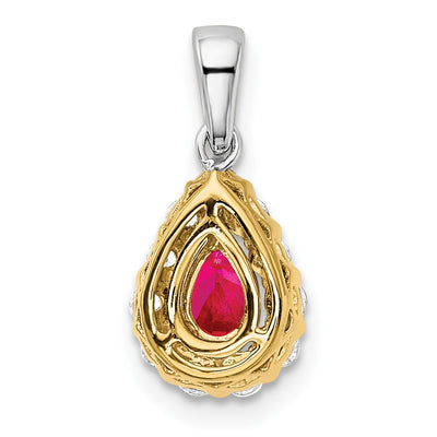 14K Two-tone Pear Ruby and Diamond Halo Pendant