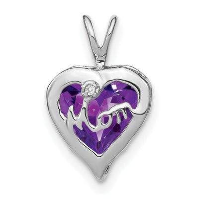 14K White Gold Amethyst and Diamond MOM Heart Pendant