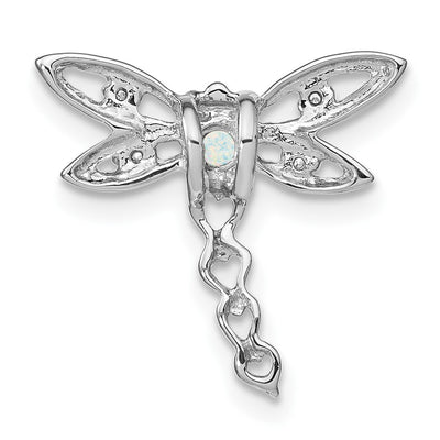 14K White Gold Created Opal and Diamond Dragonfly Chain Slide