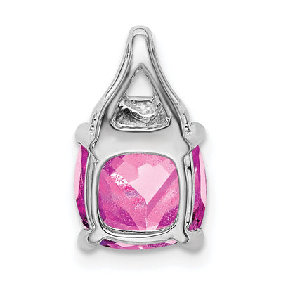 14K White Gold Cushion Lab Created Pink Sapphire and Diamond Pendant