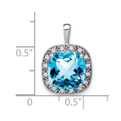 14K White Gold Cushion Blue Topaz and Diamond Pendant, 18.75 x 13.3mm