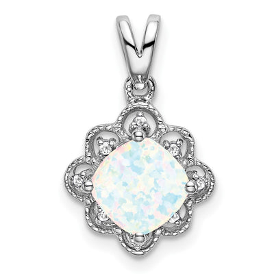 14K White Gold Created Opal and Diamond Scalloped Pendant