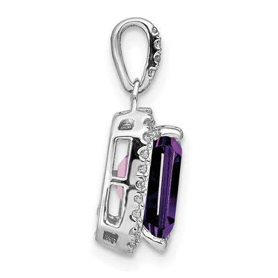 14K White Gold Emerald-cut Amethyst and Diamond Halo Pendant