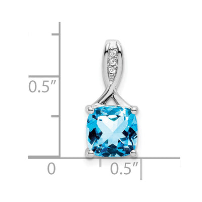 14K White Gold Cushion Blue Topaz and Diamond Pendant, 18 x 8.2mm