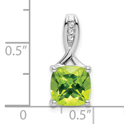 14K White Gold Cushion Peridot and Diamond Pendant, 18 x 8.2mm