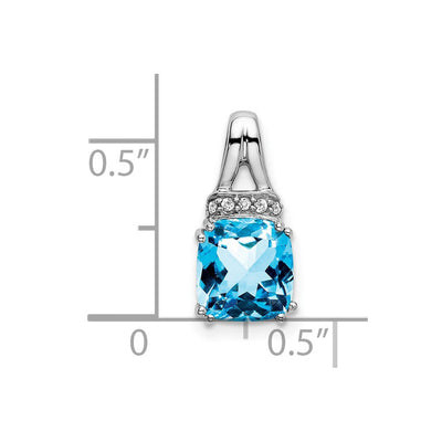 14K White Gold Cushion Blue Topaz and Diamond Pendant, 15.3 x 7.4mm