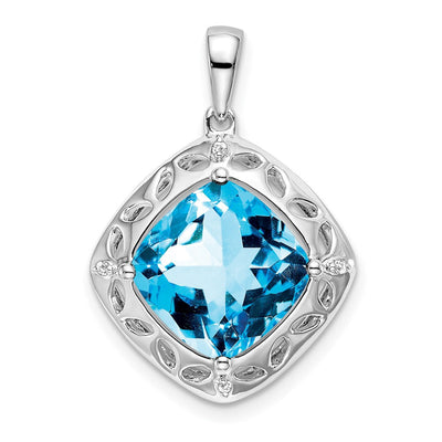 Sterling Silver Rhodium-plated Blue Topaz and Diamond Pendant, 26.1 x 17.6mm